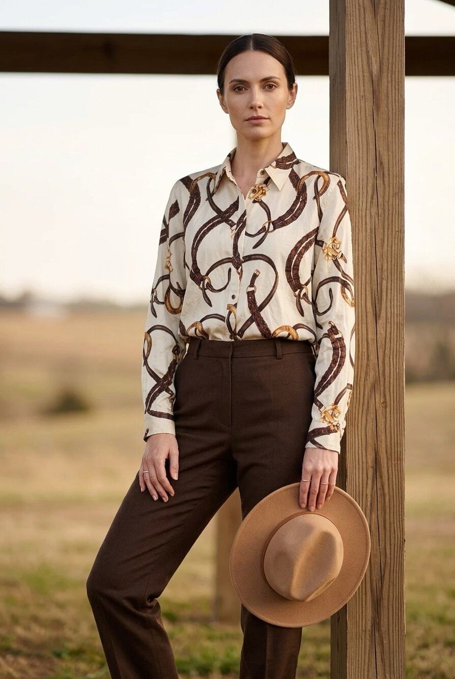 Vintage Ralph Lauren Shirt XL Cream Horse Bit Bridle Equestrian Top Blouse EUC